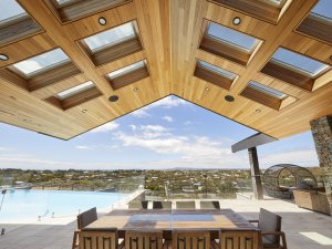 patio skylights with timber ceiling and pool in sydney
